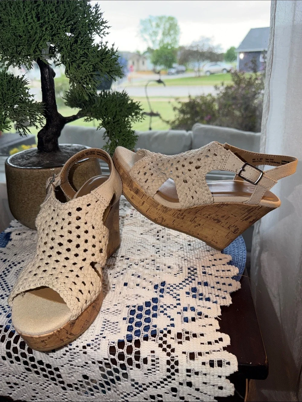 SO Cream Woven Cork Wedge Sandals